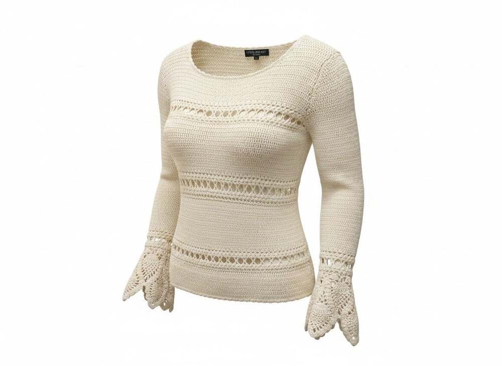Central Park West New York Cream 100% Cotton Crochet Long Sleeve Sweater Size S